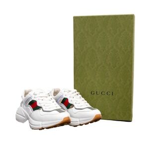 Gucci Rhyton Cut Out Sneakers White Leather Web Stripe Trainers Women's US 5